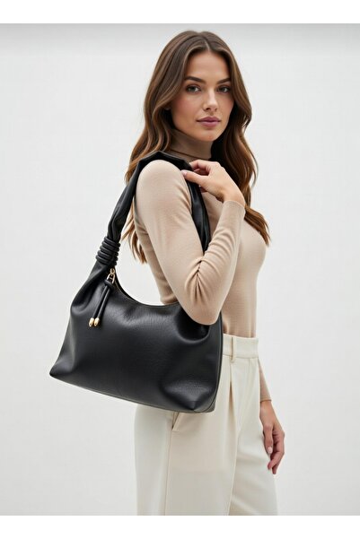 La'Graccia Women's Soft-Textured Knotted Handle Black Hand and Shoulder Bag Bag