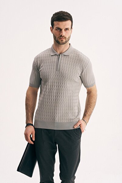 SILVANO تي شيرت رجالي بياقة بولو ونصف سحاب ذو ملمس بارز من التريكو