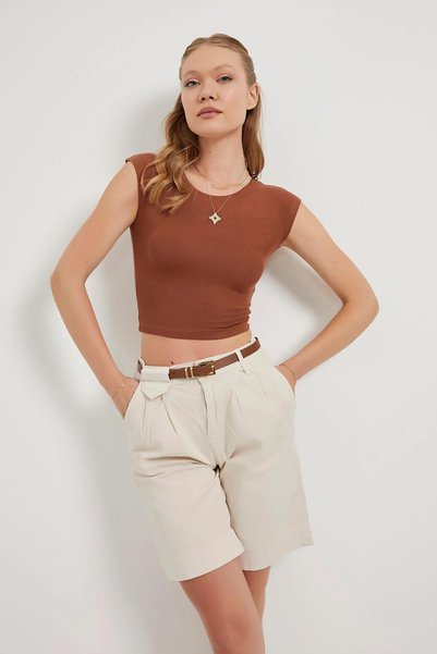 TENA Kadın Taş Beli Kemerli Licralı Gabardin Midi Şort