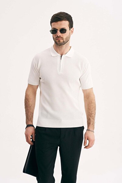 SILVANO تي شيرت تريكو بياقة مزودة بسحاب للرجال، مقاس عادي، محبوك، ذو ملمس بار...