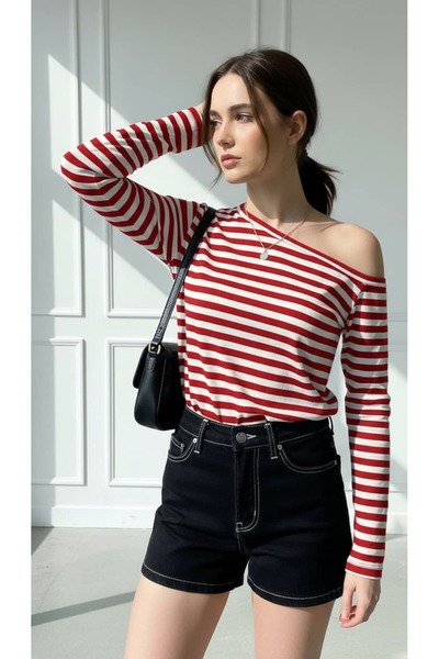 Mood Lab Red Striped Women's Off Shoulder Boat Neck Relaxed Fit Long Sleeve T...