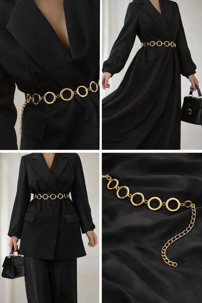 MELEK ARAZ Round Detailed Women's Chain Belt Belt I - Gold