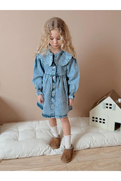 Parskidswear Fiyonk Taşlı İşlemeli Jean Kot Denim Elbise Kız Çocuk Süper Kalite