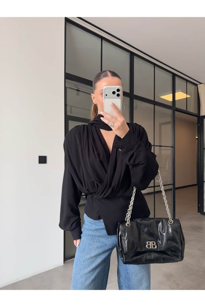 BB Bensu Buyruk Shoulder Pad Li Fularli Double-Breasted Bluz Black