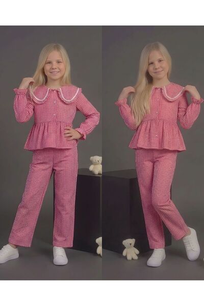 Lucky kidswear Set pentru fete cu guler FIRFIR, în carouri, cu bluză și panta...