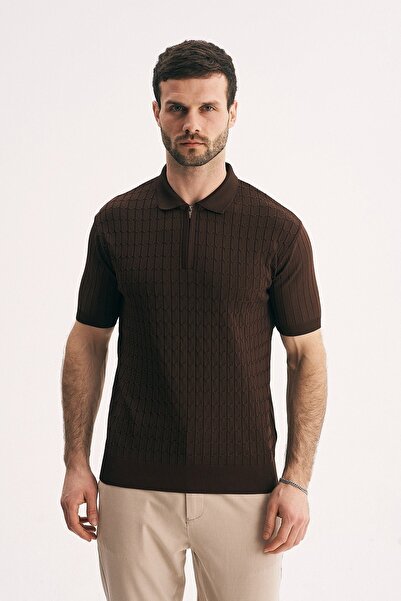 SILVANO Men's Half Zipper Textured Knitwear Polo Neck T-Shirt