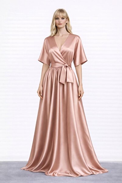 UNTIMELY Double-Breasted Maxi Satin Stylish Dress with Closure & Belt
