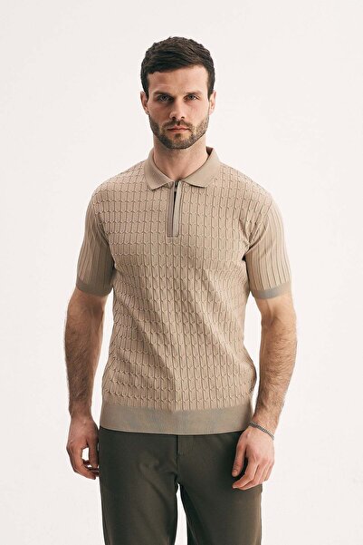 SILVANO Men's Half Zipper Textured Knitwear Polo Neck T-Shirt