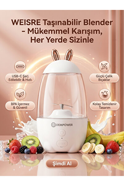 Weisre Taşınabilir Mini Blender USB Şarjlı Smoothie Blender Meyve Karıştırıcı...