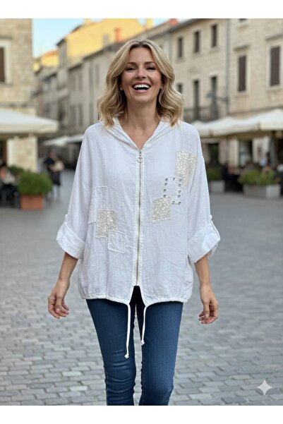 Punta Otantik Yg13353 Sequined and Stoned Italian K Linen Jacket White