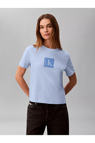 Calvin Klein Women's Regular Fit Round Neck Ck Logo Detailed Cotton Blue Shor...