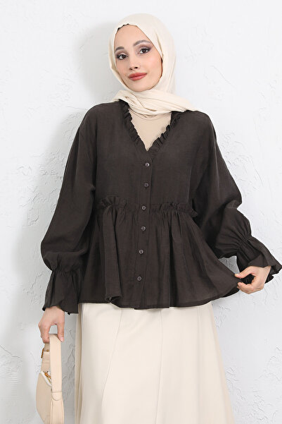 Salih Çelebi Ruffle Collar Peplum Shirt Y0107 - Brown