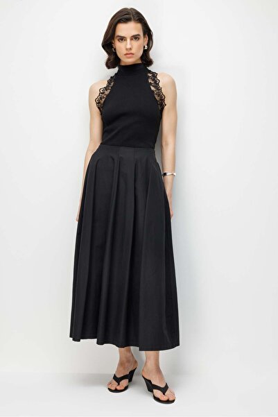 Mixray 4841 تنورة ميدي مطاطية للنساء بثنيات باللون الأسود