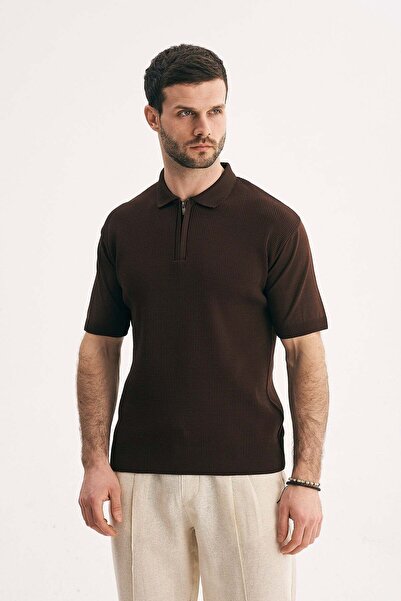 SILVANO Men's Zippered Collar Knitwear T-Shirt Regular Fit Knitted Textured P...