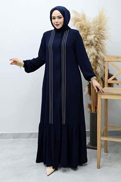 Tesettür Dünyası Front Piece Piped Ruffled Hijab Ferace Tsd260143 Navy Blue