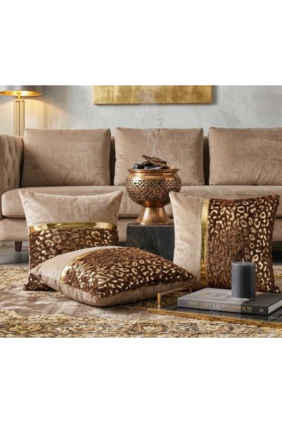 DAHABELLA LUXE HOME 2-Piece Luxury Gold B Printed and Striped Rabbit Feather K Velvet K Cushion Cover Decorative Living Room Pillow 43X43 cm