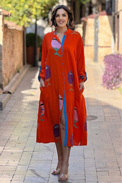 Nevin Kaya Moda سمك برتقالي اللون فستان قميصي