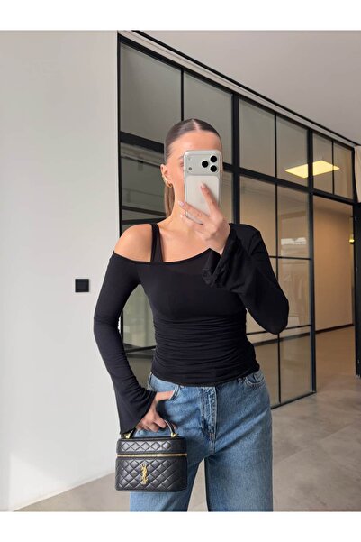 BB Bensu Buyruk One Shoulder Low Side Ruched Bluz Tank Top 2-Piece Set Black