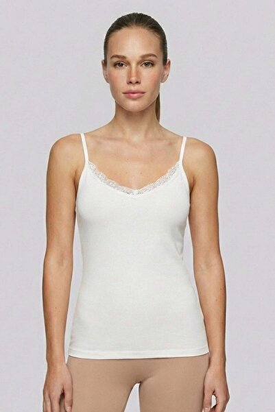 Brix Women's 3107 Lace Detailed Spaghetti Strap Ecru Undershirt