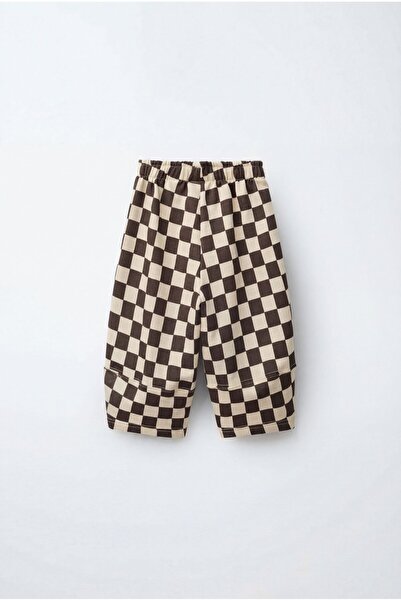 Magu Unisex Çocuk Pamuklu Kahverengi Dama Desenli Pantolon - Lastikli Bel Rah...