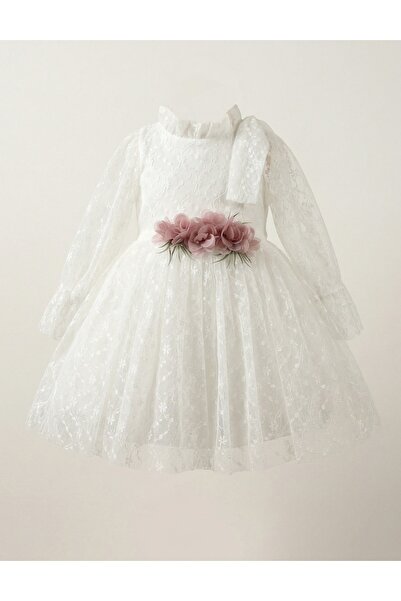 MiniKids Rochita cu broderie si fundita Anisa, alb roz-prafuit