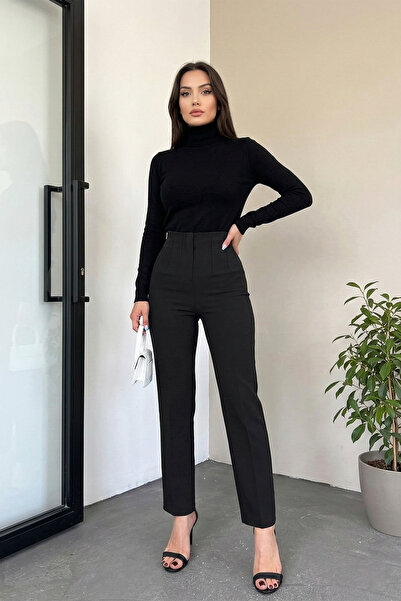 MODAQU High Waist Slim Pencil Black Fabric Trousers