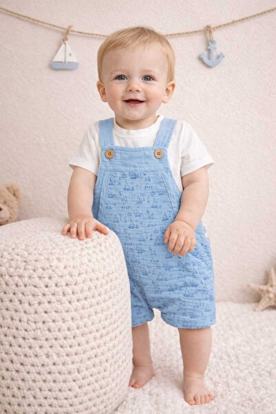 krm kerem bebe 100% Cotton Muslin Fabric Sailing Patterned Salopet & Tshirt 2...