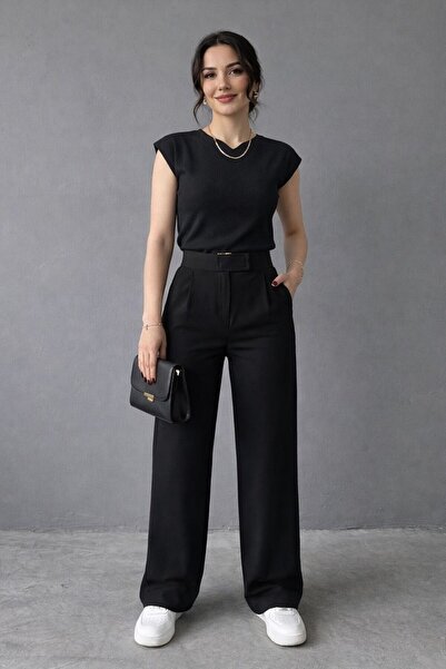 NOLYA MODA Women's Stretch Fabric Stretchy High Waist Pleated Palazzo Pants