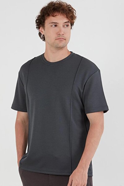 TENA Men's Anthracite Crew Neck T-Shirt with Grass Stitching on the Front Modal