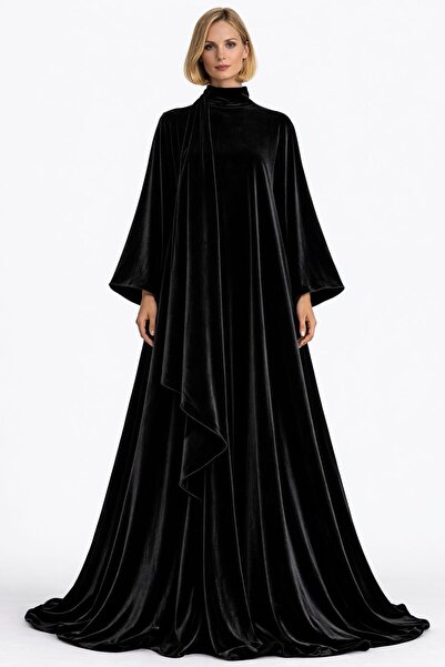 UNTIMELY Pendant Neckline, Detailed Shawl & Wide Sleeves A-Line Maxi Black Ve...