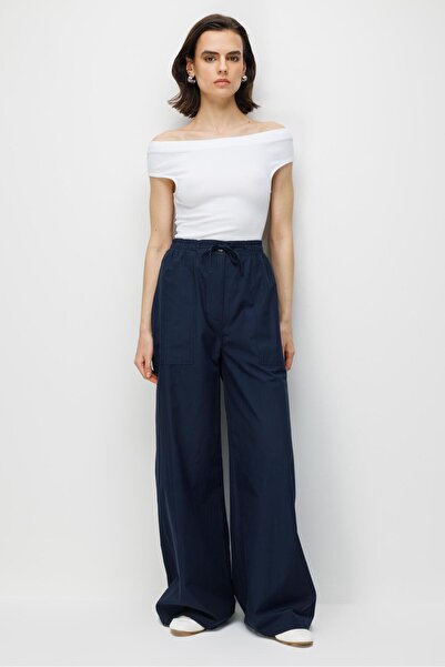 Mixray 4788 women's wide cut elastic parachute Palazzo Pants navy blue