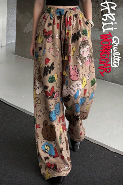 GRİİ WEAR Women's Doodle Cartoon Patterned Wide-Leg Loose-Fit Elastic Bottom ...