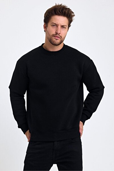 TENA Men's Black Crew Neck Three Thread Basic Sweatshirt