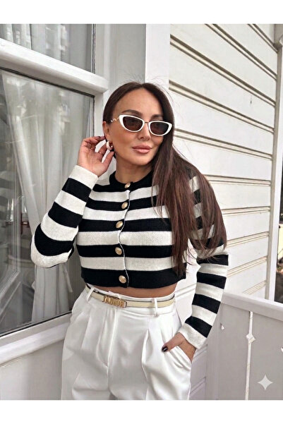 FLEX FASHION كارديجان نسائي مخطط بأزرار ذهبية وياقة دائرية واسعة