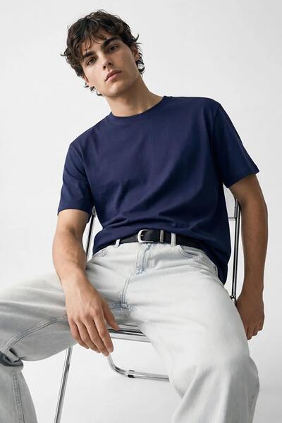 TENA Tricou pentru bărbați, albastru marin guler rotund modal basic