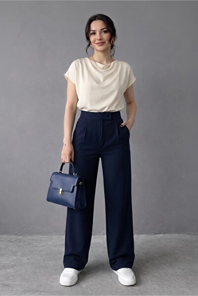 NOLYA MODA Women's Stretch Fabric Stretchy High Waist Pleated Palazzo Pants