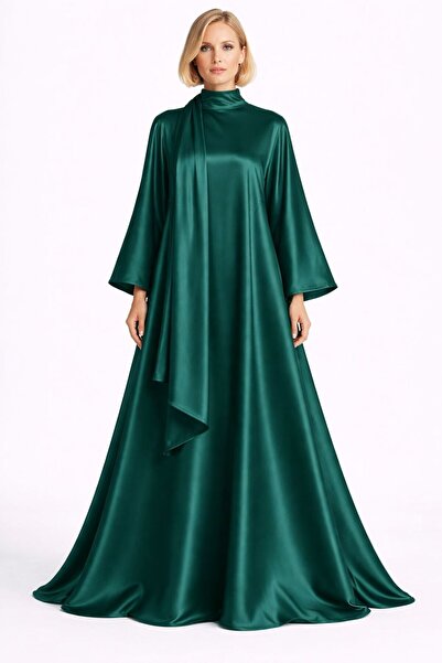UNTIMELY A-Line Maxi Satin Abaya Dress with Pendant Shawl Detail and Wide Sle...