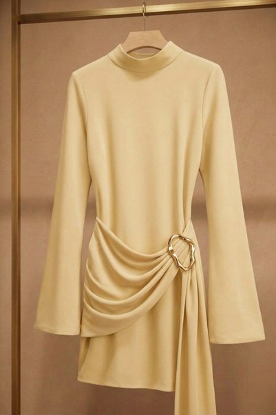 PASTELASTORE Buckle Detail Belted Mock Neck Mini Women’s Dress
