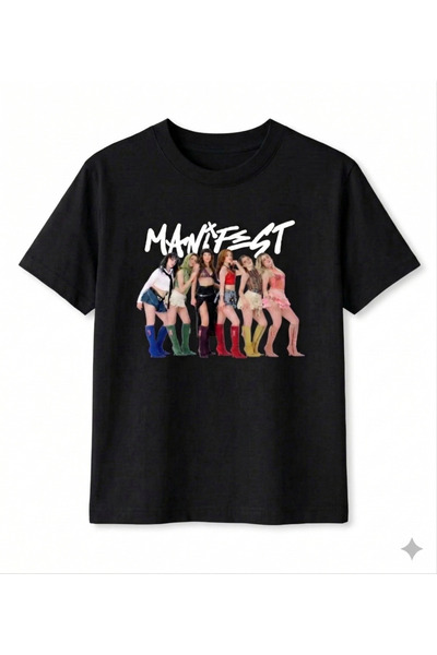 Unisex MANİFEST Baskılı Pamuklu Bisiklet Yaka Kısa Kollu SİYAH T-SHİRT