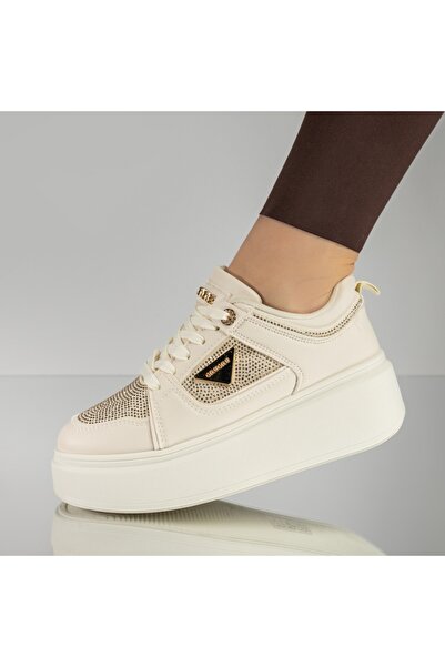 Modlet.ro Sneakerși bej pentru femei cu talpă groasă și strasuri MOD14214
