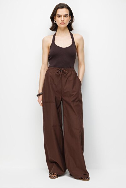 Mixray 4788 Women's Wide Cut Elastic Parachute Pants Palazzo Pants Brown