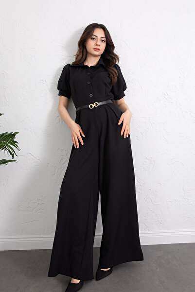zenne Pleated Shirt Collar Belt Piece Jumpsuit Black - 4567