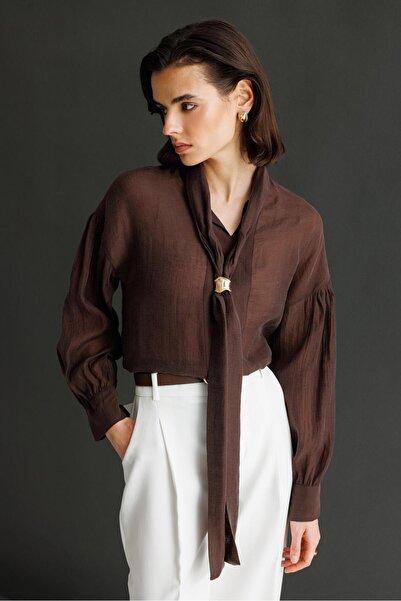 Mixray 4839 Women's V-Neck Drapey Blouse with Scarf Detail Brown
