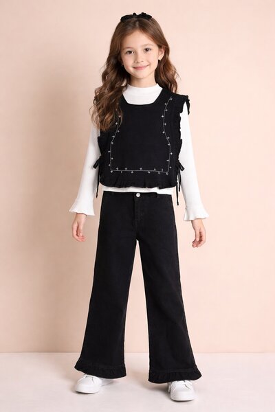Cansın Mini Black Wide-Legged Trousers and Stone Detailed 3-Piece Girls' Jean...