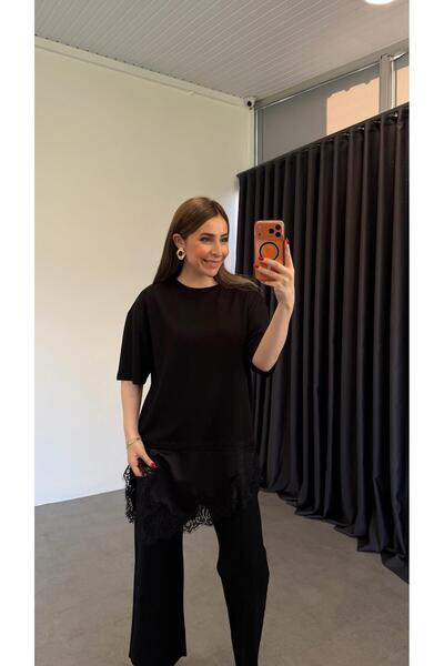 elif teke Saten Dantel Detaylı T-shirt Siyah