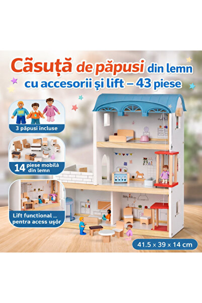 OEM Casă de păpuși din lemn cu lift și 43 de accesorii
