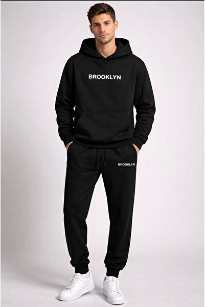 HerTarzınTrendi 2️⃣ Brooklyn Written Unisex Hooded Tracksuit Set Black Sports...