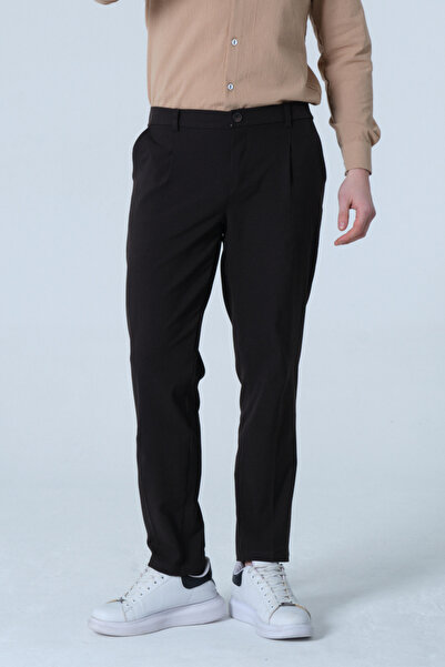 RELAXL Bitter Brown Men's Fabric Trousers with Half Elastic Waist Regular Fit