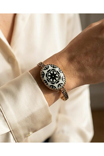 Dorvina Bronz Otantik Takı Bileklik Siyah Beyaz Oval Cam İşleme Vintage Kadın...
