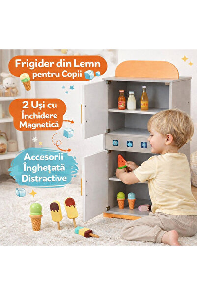 OEM Frigider de jucărie din lemn cu 2 uși și set de înghețată